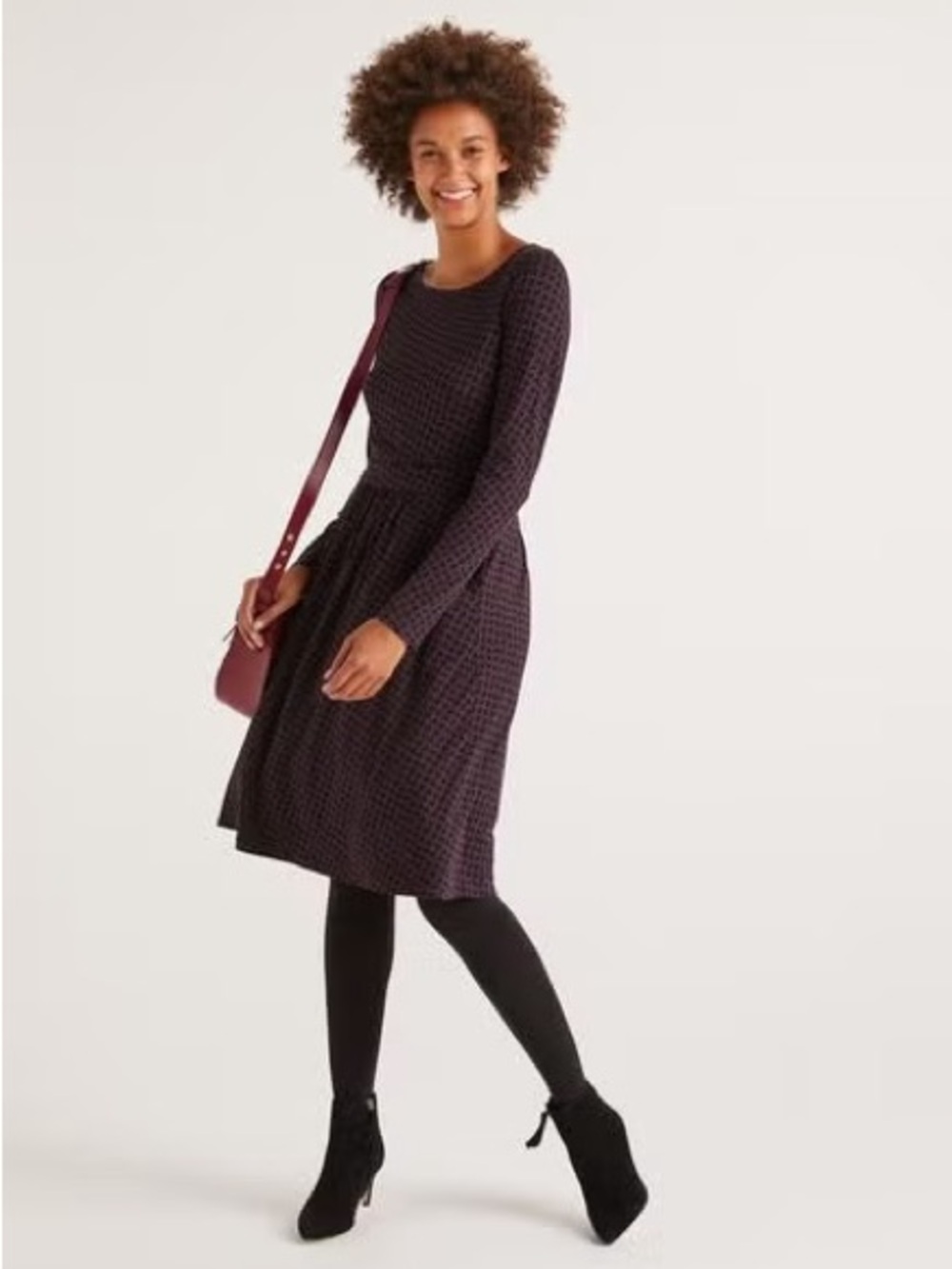 Boden Abigail Jersey Midi Dress in Fig & Black Maple Leaf Print, Women’s size 10